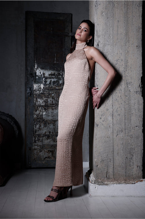 Nude Silk-Faille Maxi Dress by Kajal New York