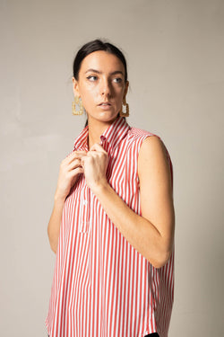 Italian Cotton Stripe Red Sleeveless Top by Le Réussi®