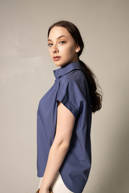 Women's Gather Collar Shirt in Navy by Le Réussi®