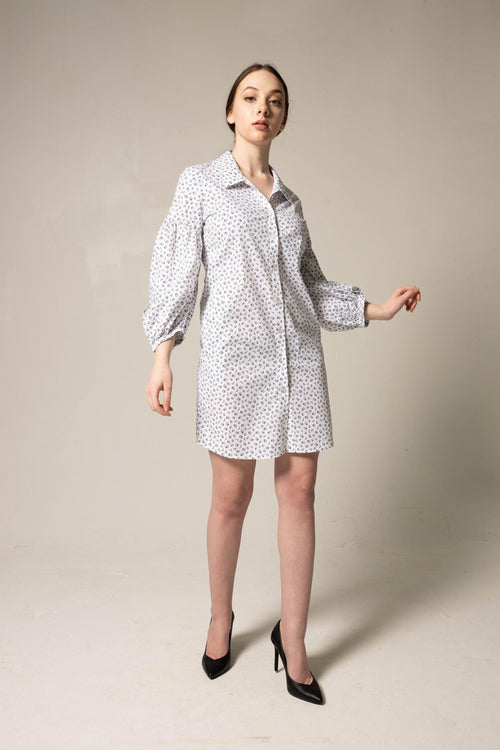 Shirt Dress with Oversized Sleeves in White Floral by Le Réussi®