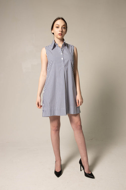 Italian Cotton Blue Stripe Sleeveless Dress by Le Réussi®