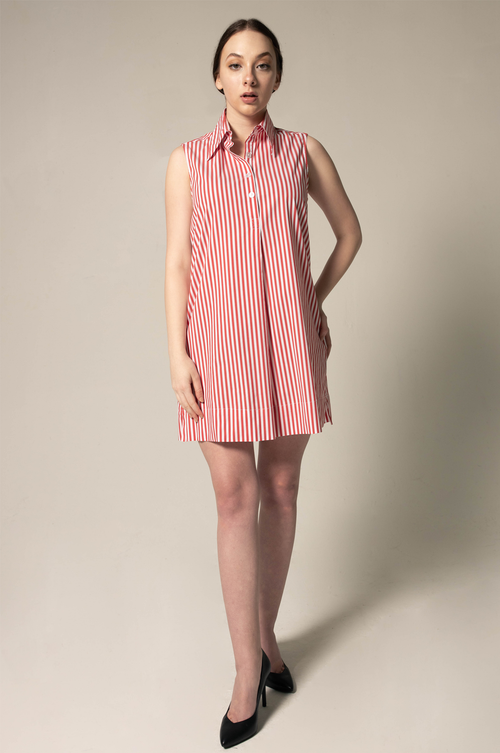 Italian Cotton Red Stripe Sleeveless Dress – Elegant Summer Dress