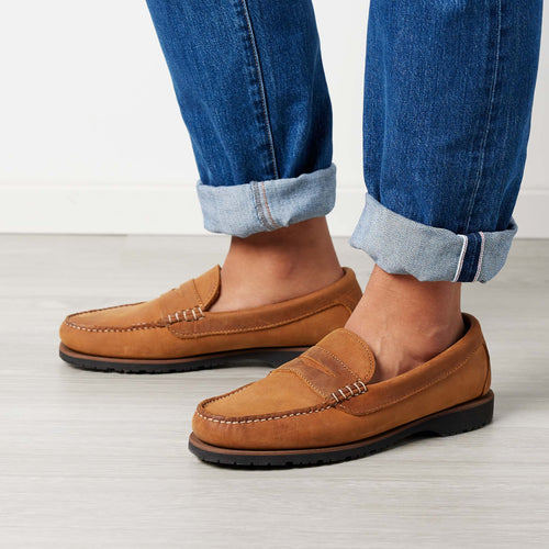 Men’s 550 Rover Penny in Capetown Trail, on man, premium handsewn leather upper and lining, cushioned insoles, Vibram Mini Lug sole, Quoddy