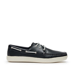 Men’s Runabout Shoe in Navy, moccasin construction, handsewn premium leather, cushioned insoles, Vibram Cup sole, Quoddy