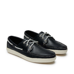 Men’s Runabout Shoes in Navy, front view, moccasin construction, handsewn leather, cushioned insoles, Vibram Cup sole, Quoddy