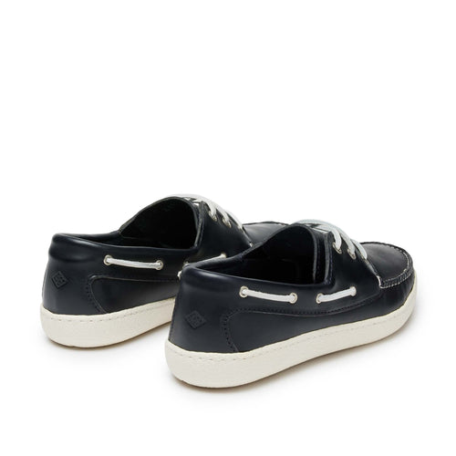 Men’s Runabout Shoes in Navy, rear view, moccasin construction, handsewn leather, cushioned insoles, Vibram Cup sole, Quoddy