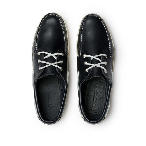 Men’s Runabout Shoes in Navy, top view, moccasin construction, handsewn leather, cushioned insoles, Vibram Cup sole, Quoddy