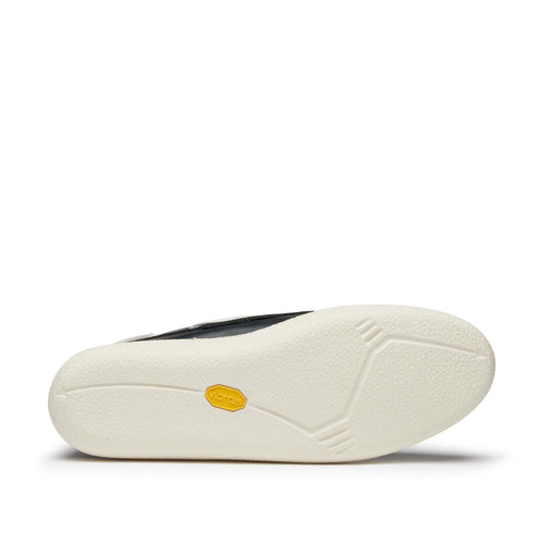 Men’s Runabout Shoe in Navy, sole view, moccasin construction, handsewn leather, cushioned insoles, Vibram Cup sole, Quoddy
