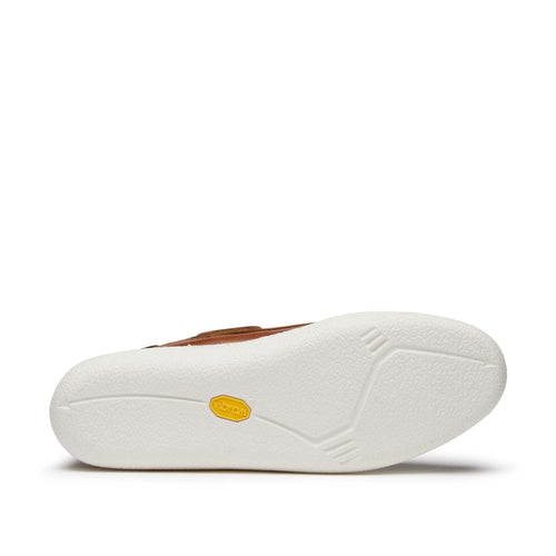 Men’s Runabout Shoe in Whiskey, sole view, moccasin construction, handsewn leather, cushioned insoles, Vibram Cup sole, Quoddy