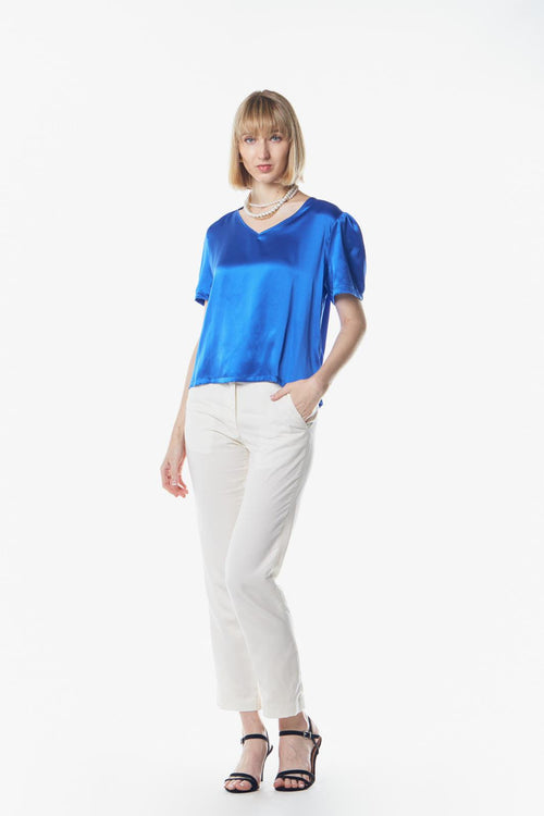 Shining V-Neck Blouse in Blue by Le Réussi®