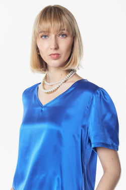 Shining V-Neck Blouse in Blue by Le Réussi®