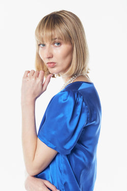 Shining V-Neck Blouse in Blue by Le Réussi®