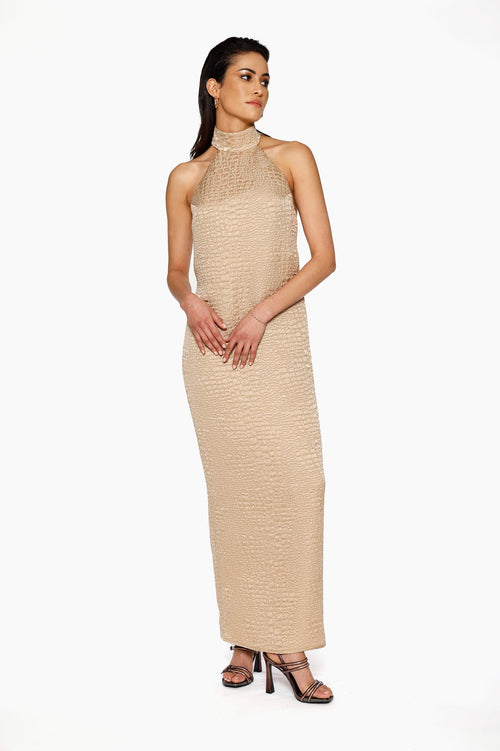 Nude Silk-Faille Maxi Dress by Kajal New York