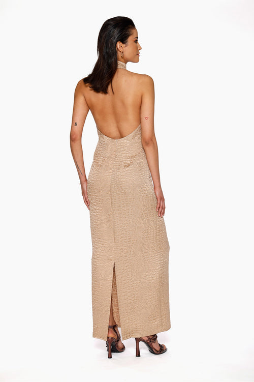 Nude Silk-Faille Maxi Dress by Kajal New York