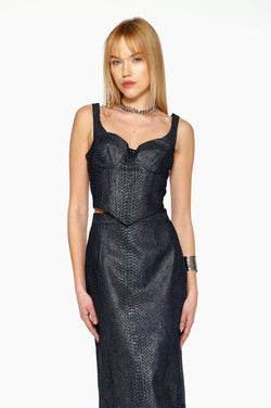 Denim Snakeskin Strap Corset by Kajal New York