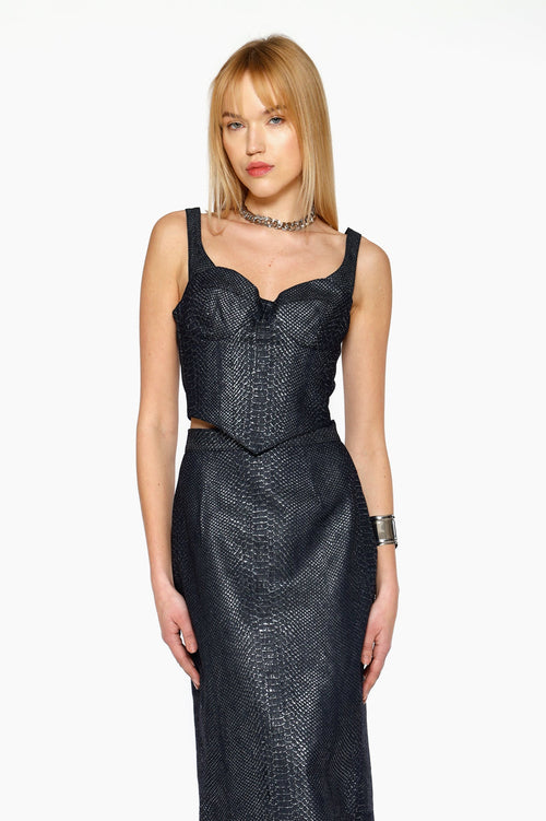 Denim Snakeskin Strap Corset by Kajal New York